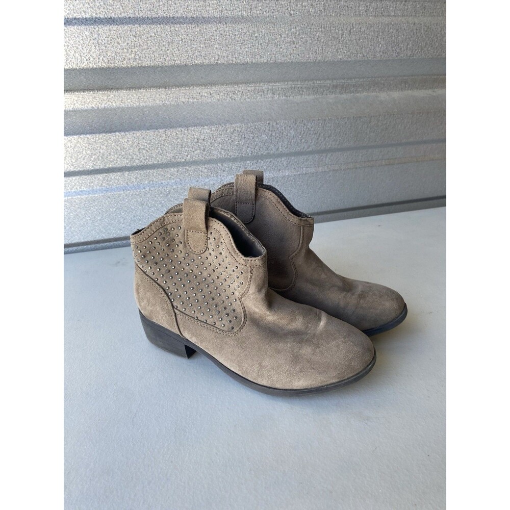 Justice Girls Western Ankle Boots Size 2 Taupe Suede Faux Studded Cowgirl Bootie
